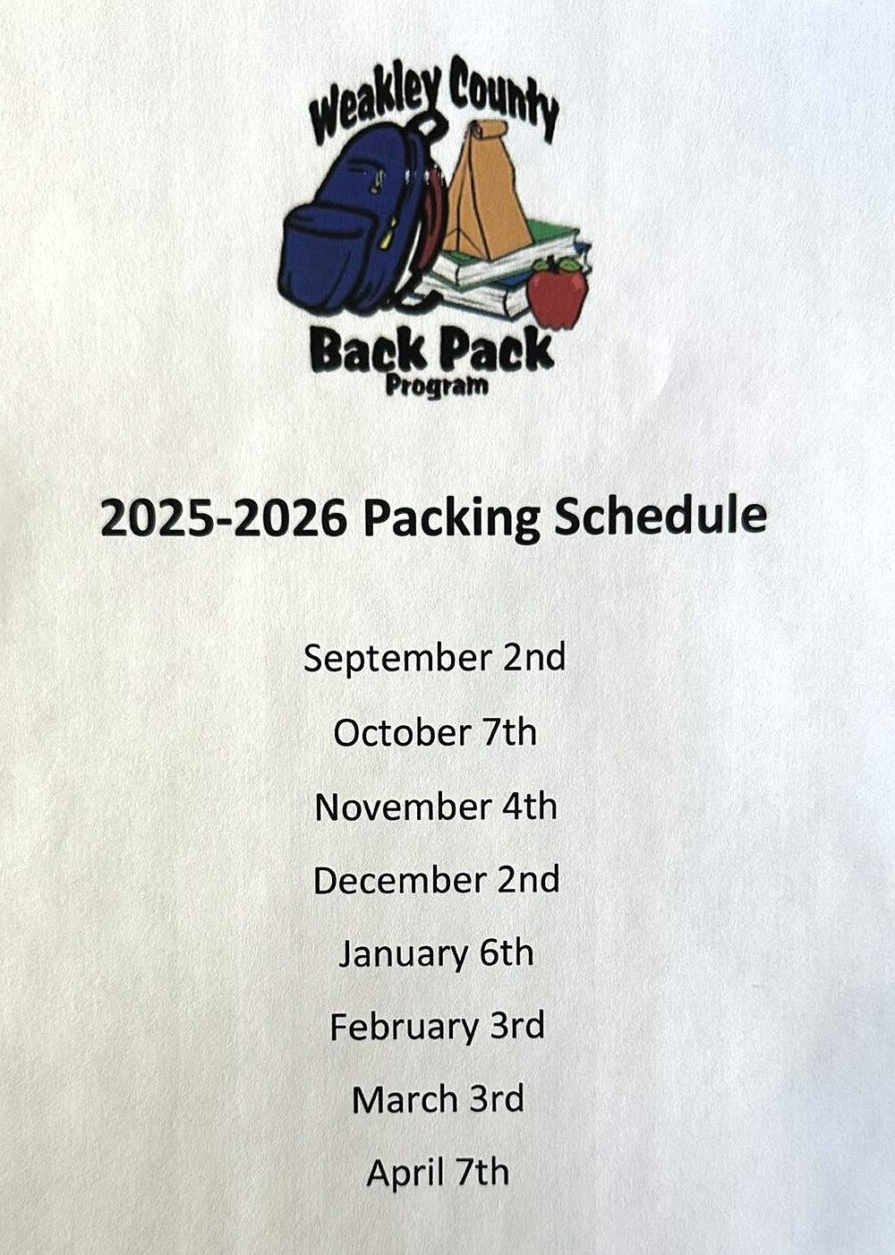 Weakley County Backpack Program Packing Dates